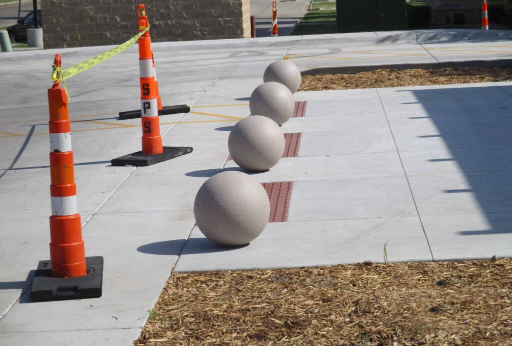 sphere bollards in front of a building