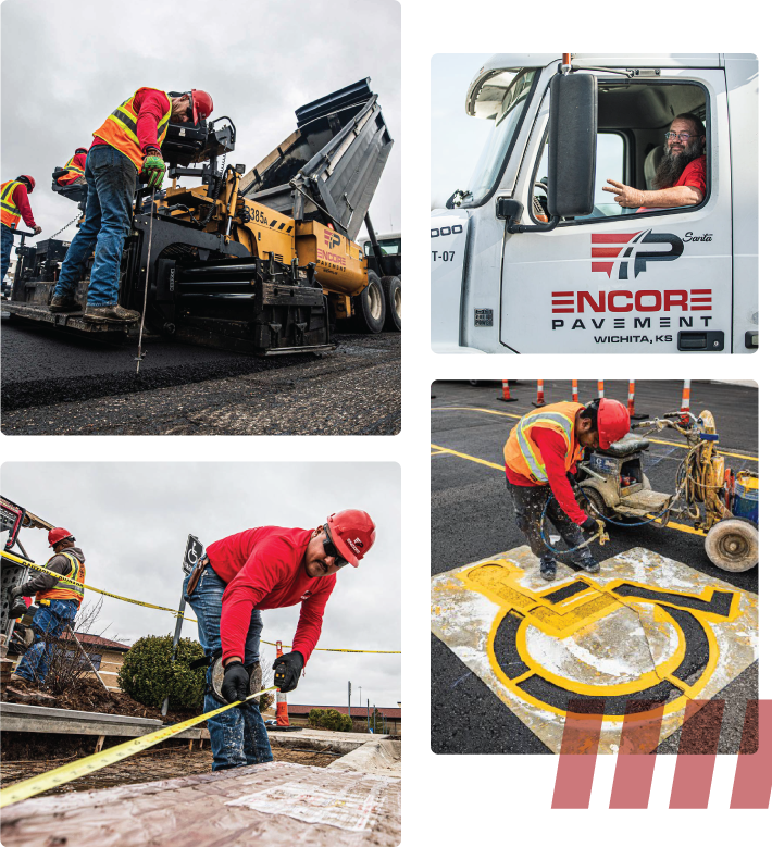 collage of 4 pictures of encore pavement employees working on jobsites.