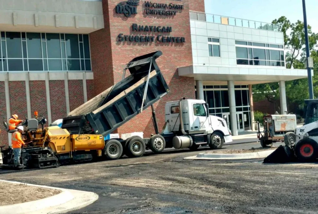 encore pavement dump truck in front of WSU Rhatigan student center