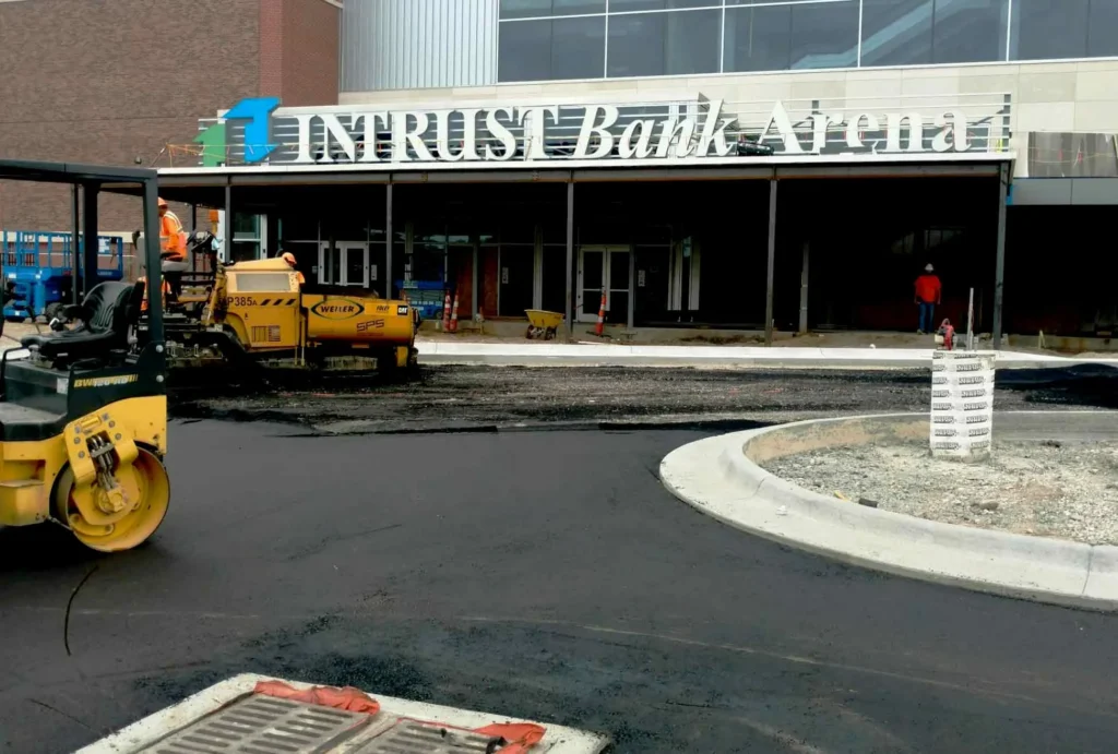 Encore Pavement mills and lays fresh asphalt for Intrust Bank