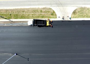 birdseye view of encore pavement dump truck