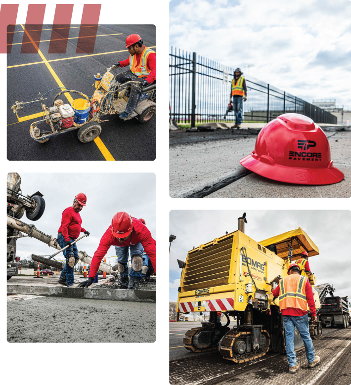 collage of 4 pictures of encore pavement employees working on projects