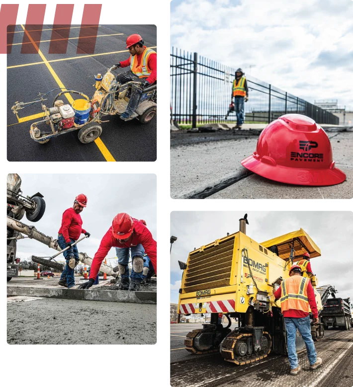 collage of 4 pictures of encore pavement employees working on projects