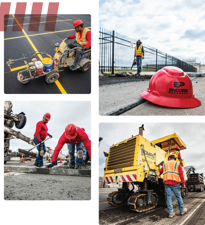 collage of 4 pictures of encore pavement employees working on projects