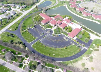 birds-eye view of spiritual life center parking lot