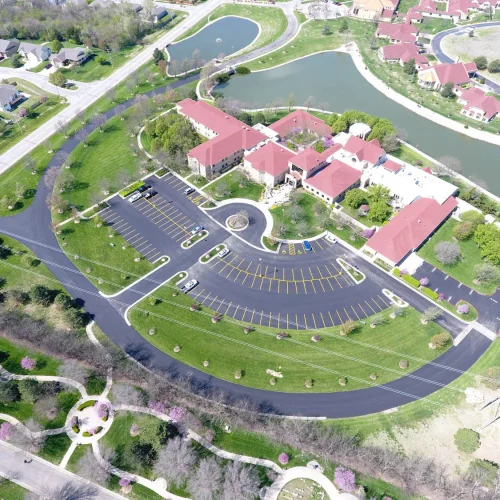 birds-eye view of spiritual life center parking lot
