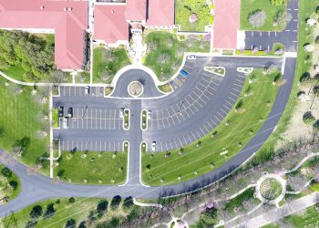 birds-eye view of spiritual life center parking lot