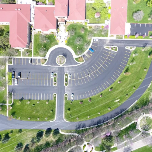 birds-eye view of spiritual life center parking lot