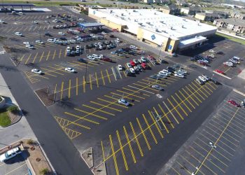 aerial view of sam's club and its parking lot