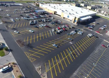aerial view of sam's club and its parking lot