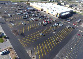 aerial view of sam's club and its parking lot