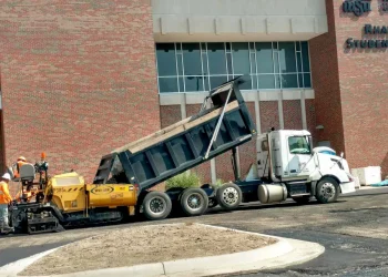 encore pavement dump truck in front of WSU Rhatigan student center