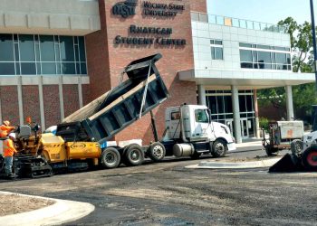 encore pavement dump truck in front of WSU Rhatigan student center