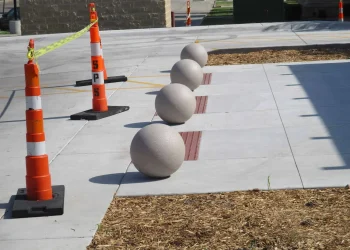 concrete bollards in front of winfield public library in winfield kansas