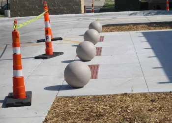 concrete bollards in front of winfield public library in winfield kansas