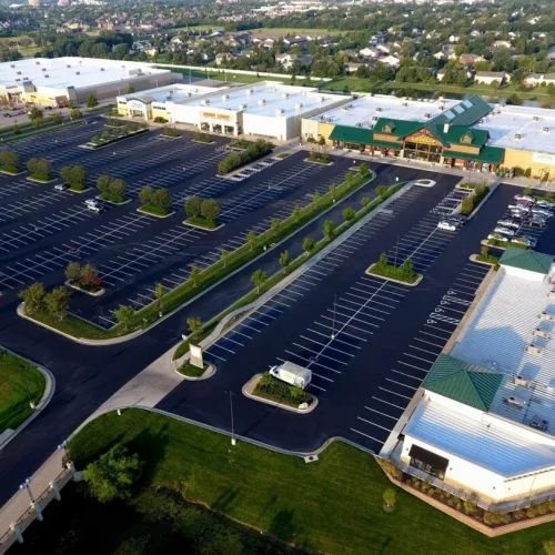 aerial view of cabela's and its parking lot