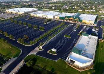 aerial view of cabela's and its parking lot