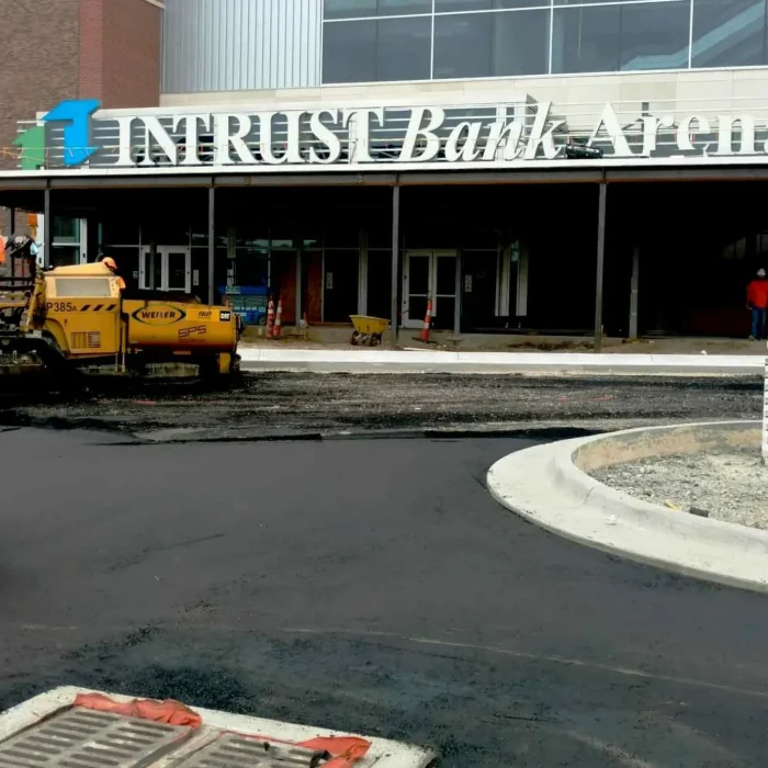 Encore Pavement mills and lays fresh asphalt for Intrust Bank
